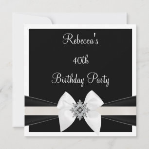 Black White Jewel Bow 40th Elegant Birthday Party Invitation