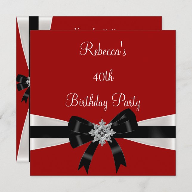 Black White Jewel Bow 40th Elegant Birthday Red Invitation (Front/Back)