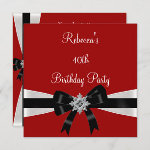 Black White Jewel Bow 40th Elegant Birthday Red Invitation