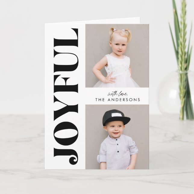 Black & White Joyful Modern Christmas 3 Photo Holiday Card (Front)