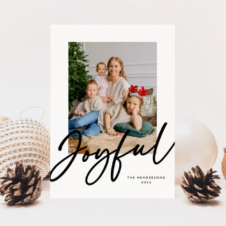 Black White Joyful Script Photo  Holiday Card