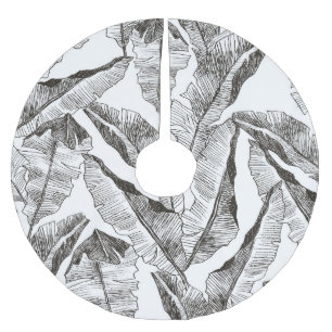 Black White Jungle: Tropical Plant Pattern Brushed Polyester Tree Skirt