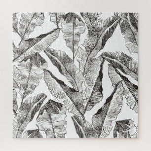 Black White Jungle: Tropical Plant Pattern Jigsaw Puzzle