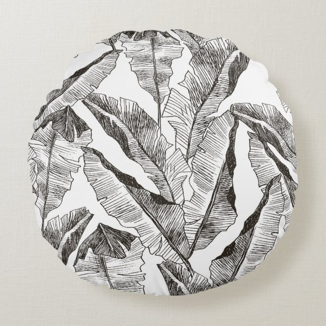 Black White Jungle: Tropical Plant Pattern Round Cushion (Front)
