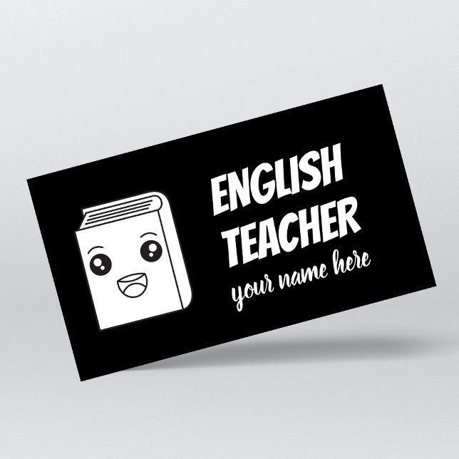 Black & White Kawaii Book Cute English Teacher ESL Business Card (Creator Uploaded)