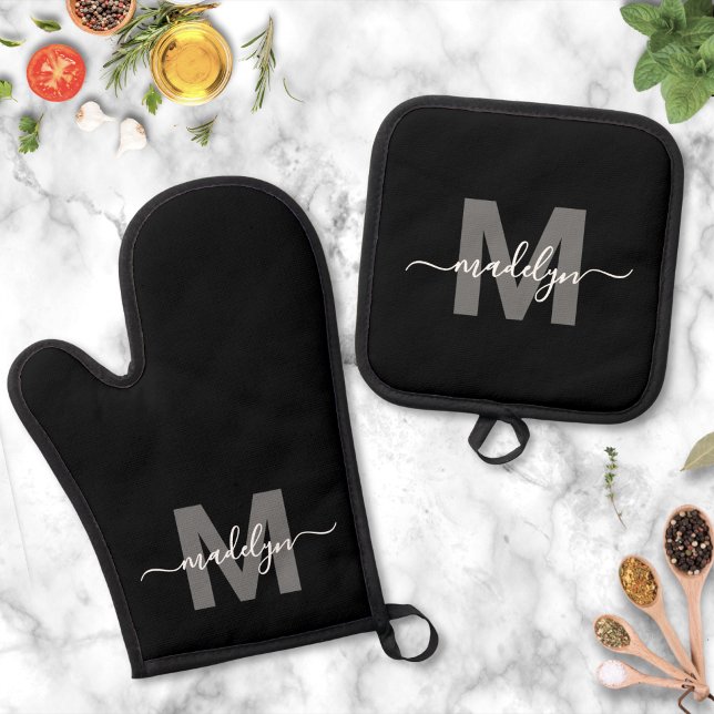 Black White Kitchen Name Monogram Oven Mitt & Pot Holder Set (Black White Kitchen Name Monogram Oven Mitt & Pot Holder Set )