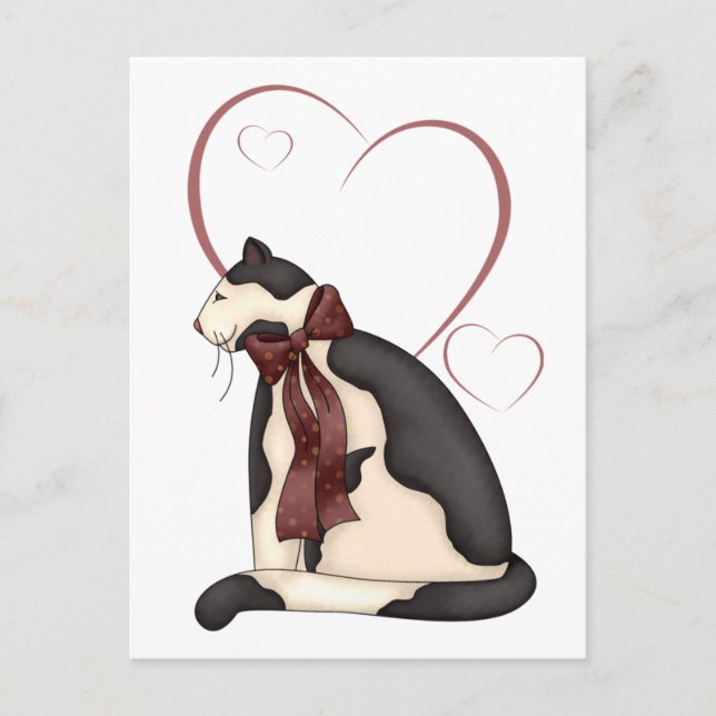 Black & White Kitty Cat w/Hearts Valentine Holiday Postcard (Front)