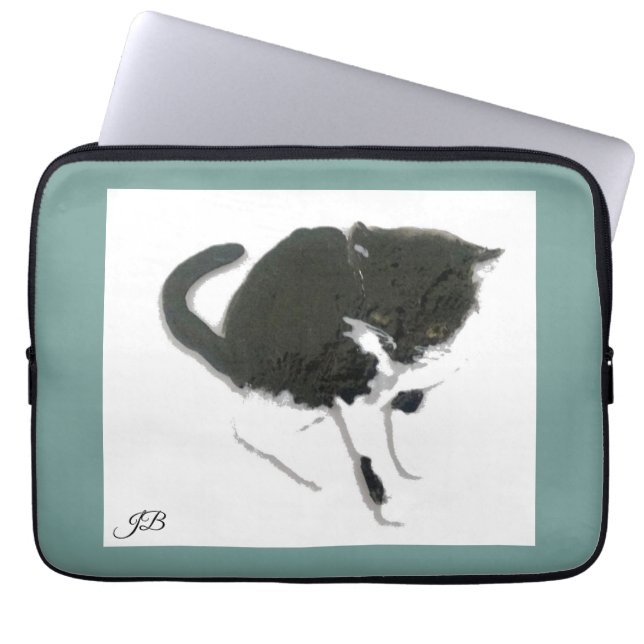 Black White Kitty Personalised Laptop Sleeve (Front)