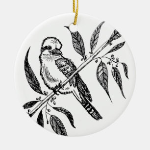 Black & White Kookaburra on Branch Drawing Ceramic Ornament