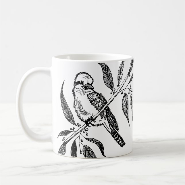 Black & White Kookaburra on Branch Drawing Coffee Mug (Left)