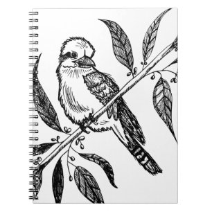 Black & White Kookaburra on Branch Drawing Notebook