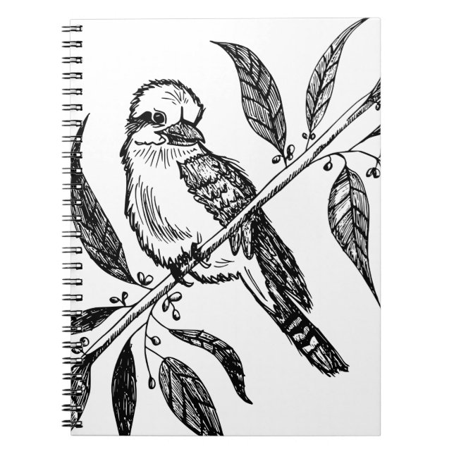 Black & White Kookaburra on Branch Drawing Notebook (Front)