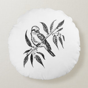 Black & White Kookaburra on Branch Drawing Round Cushion