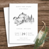 Black White Kraft Rustic Pine Mountain Sketch