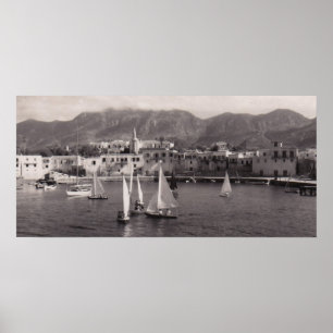 BLACK & WHITE KYRENIA HARBOUR 1950 VIEW POSTER
