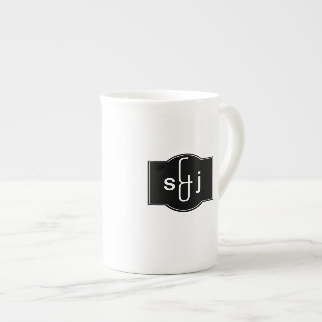 Black White Label Monogrammed Bone China Mug (Front Right)