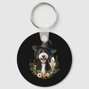Black White Labradoodle Dog Halloween Watercolor Key Ring