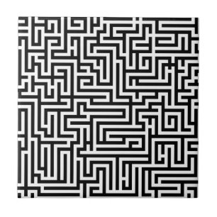 Black & White Labyrinth Maze Pattern Ceramic Tile
