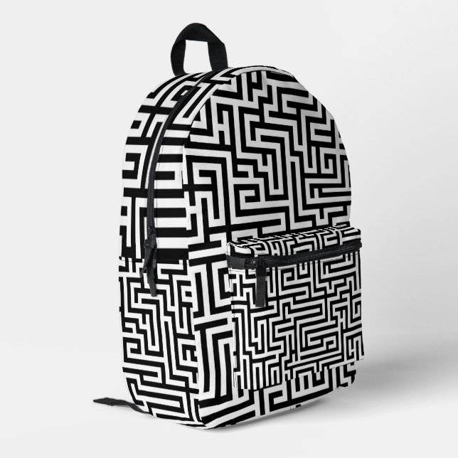 Black & White Labyrinth Maze  Printed Backpack (Back Corner Left)