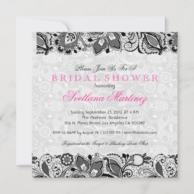 Black & White Lace & Damasks Bridal Shower Invite (Front)