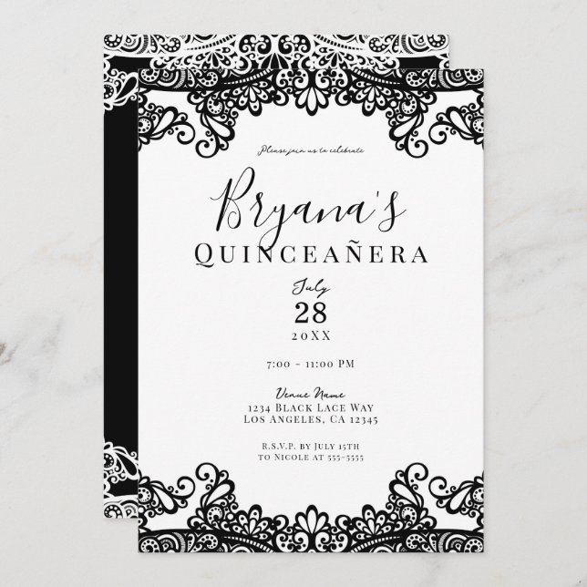 Black & White Lace Elegant Quinceañera Party   Invitation (Front/Back)