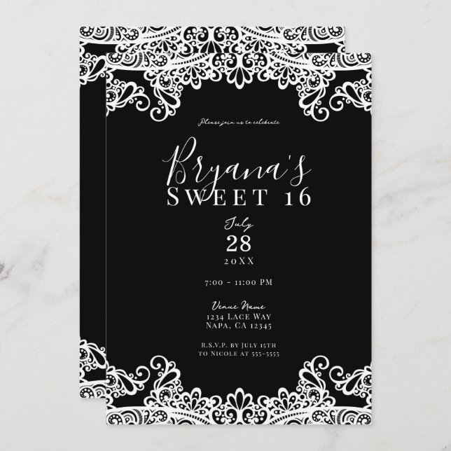 Black & White Lace Elegant Sweet 16 Party Invitation (Front/Back)