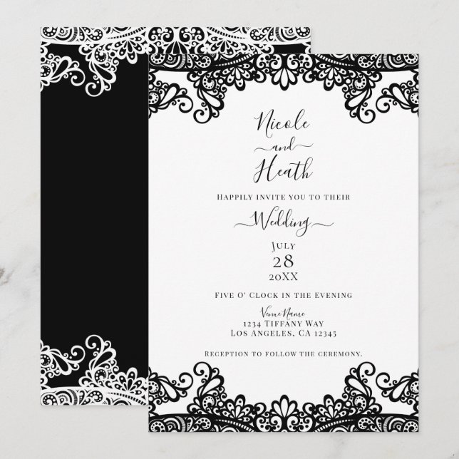 Black & White Lace Elegant Wedding  Invitation (Front/Back)