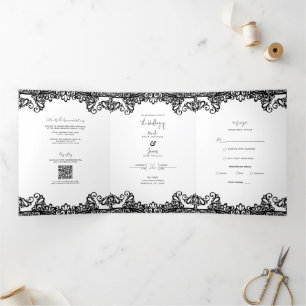 Black & White Lace Elegant Wedding Tri-Fold Invitation