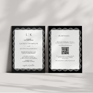 Black White Lace Frame Monogram QR Code Wedding Invitation