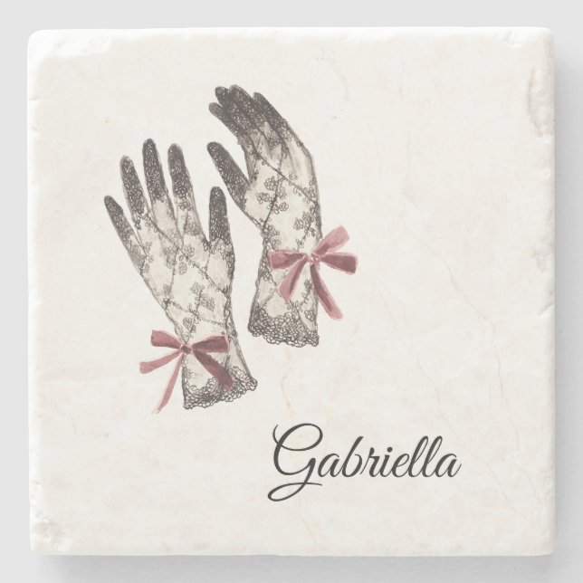 Black White Lace Gloves Burgundy Bow Stone Coaster (Front)