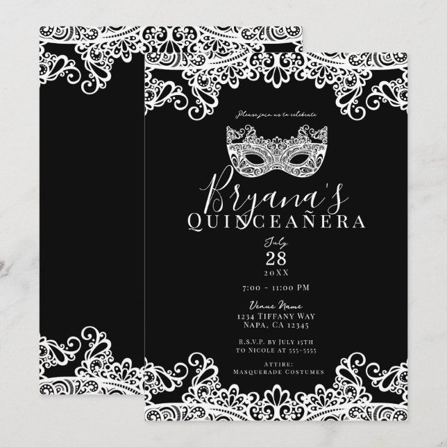Black & White Lace Masquerade 15th Quinceañera  Invitation (Front/Back)