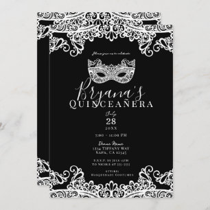 Black & White Lace Masquerade 15th Quinceañera  Invitation