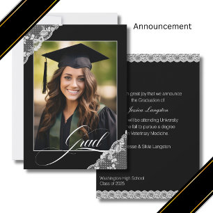 Black White Lace Photo Graduation  Announcement