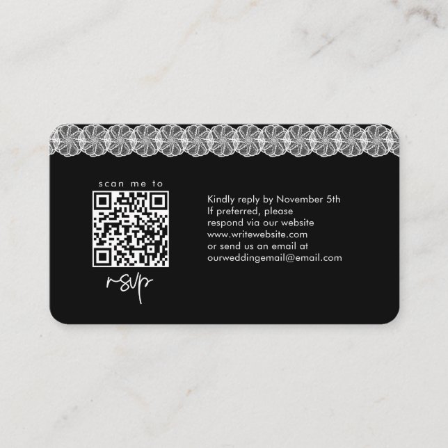 Black White Lace Photo QR Code Wedding Website Enclosure Card (Front)