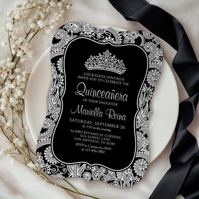 Black White Lace Quinceañera Invitation (Creator Uploaded)