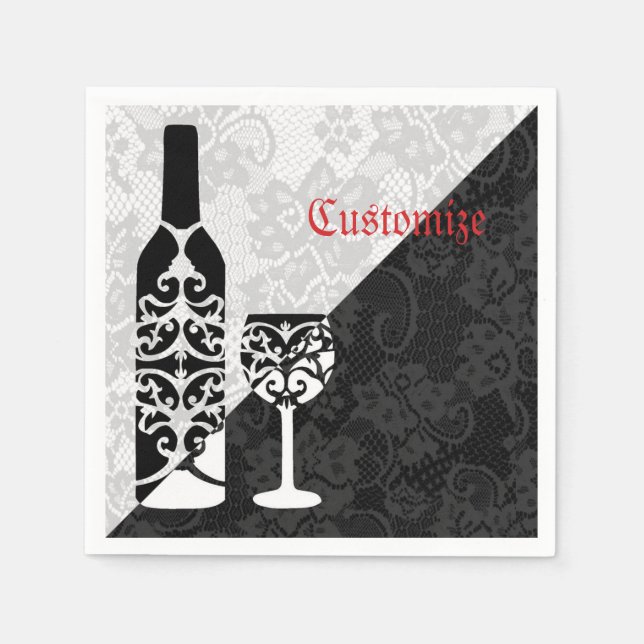 Black & White Lace Wine Bottle Napkins (Front)