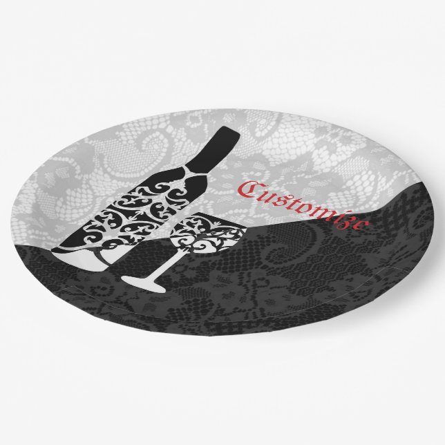 Black & White Lace Wine Bottle Plates (Angled)