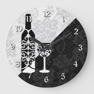 Black & White Lace Wine Bottle Round Clock