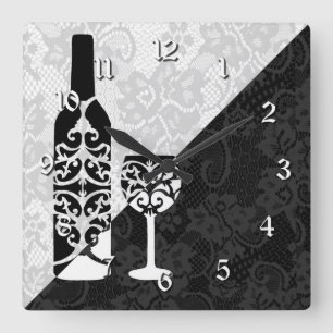 Black & White Lace Wine Bottle Square Clock