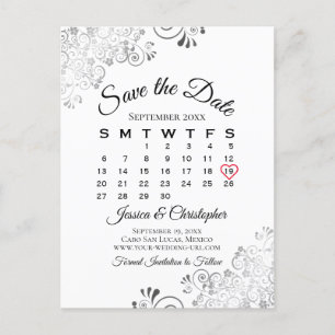 Black & White Lacy Wedding Save the Date Calendar Announcement Postcard