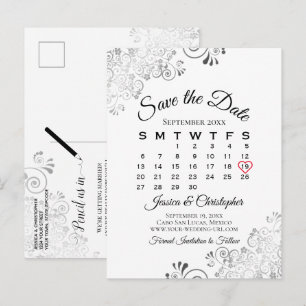 Black & White Lacy Wedding Save the Date Calendar Announcement Postcard
