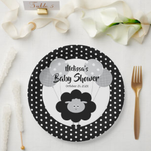 Black White Lamb Cute Sweet Modern Baby Shower Paper Plate