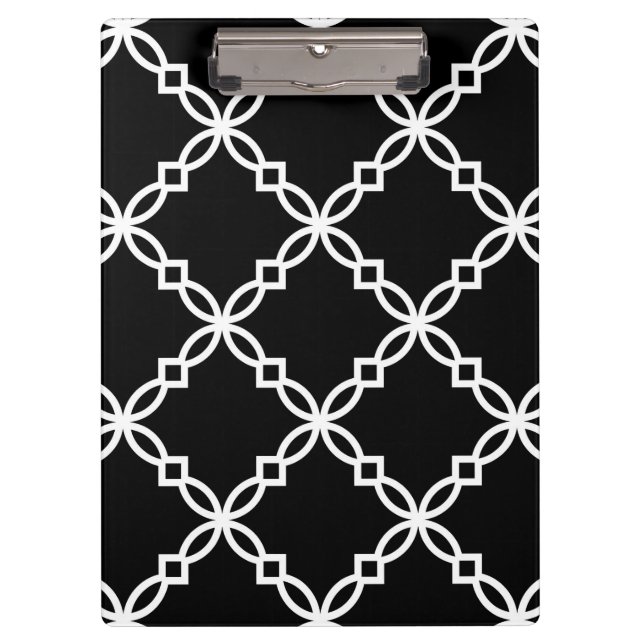 Black White Large Fancy Quatrefoil Pattern Clipboard (Front)