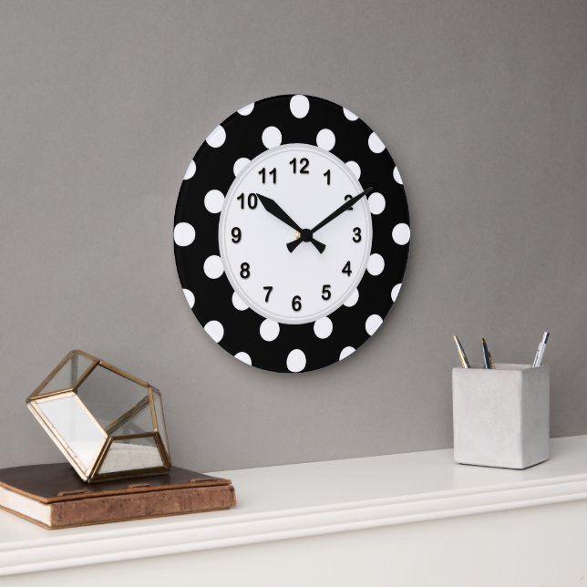 Black White Large Polka Dot Pattern Clock (Office)
