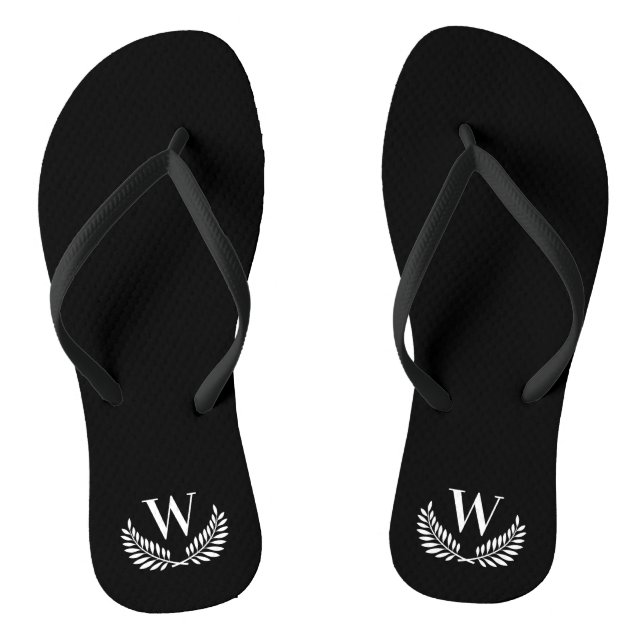 Black white laurel wreath monogram initial letter thongs (Footbed)