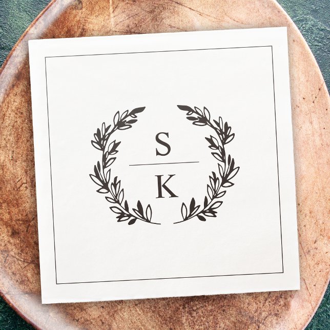 Black White Laurel Wreath Monogram Wedding Napkin (Creator Uploaded)