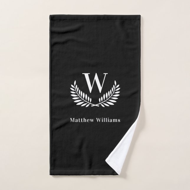 Black white laurel wreath name monogram bath towel set (Hand Towel)
