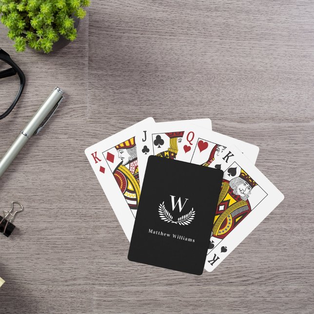Black white laurel wreath name monogram playing cards (Creator Uploaded)
