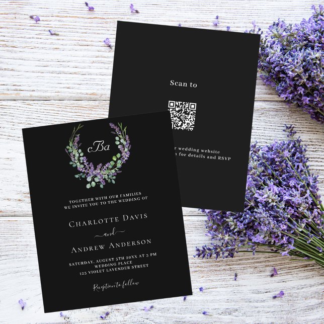 Black white lavender floral QR RSVP budget wedding (Creator Uploaded)