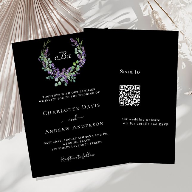 Black white lavender floral QR RSVP luxury wedding Invitation (Creator Uploaded)